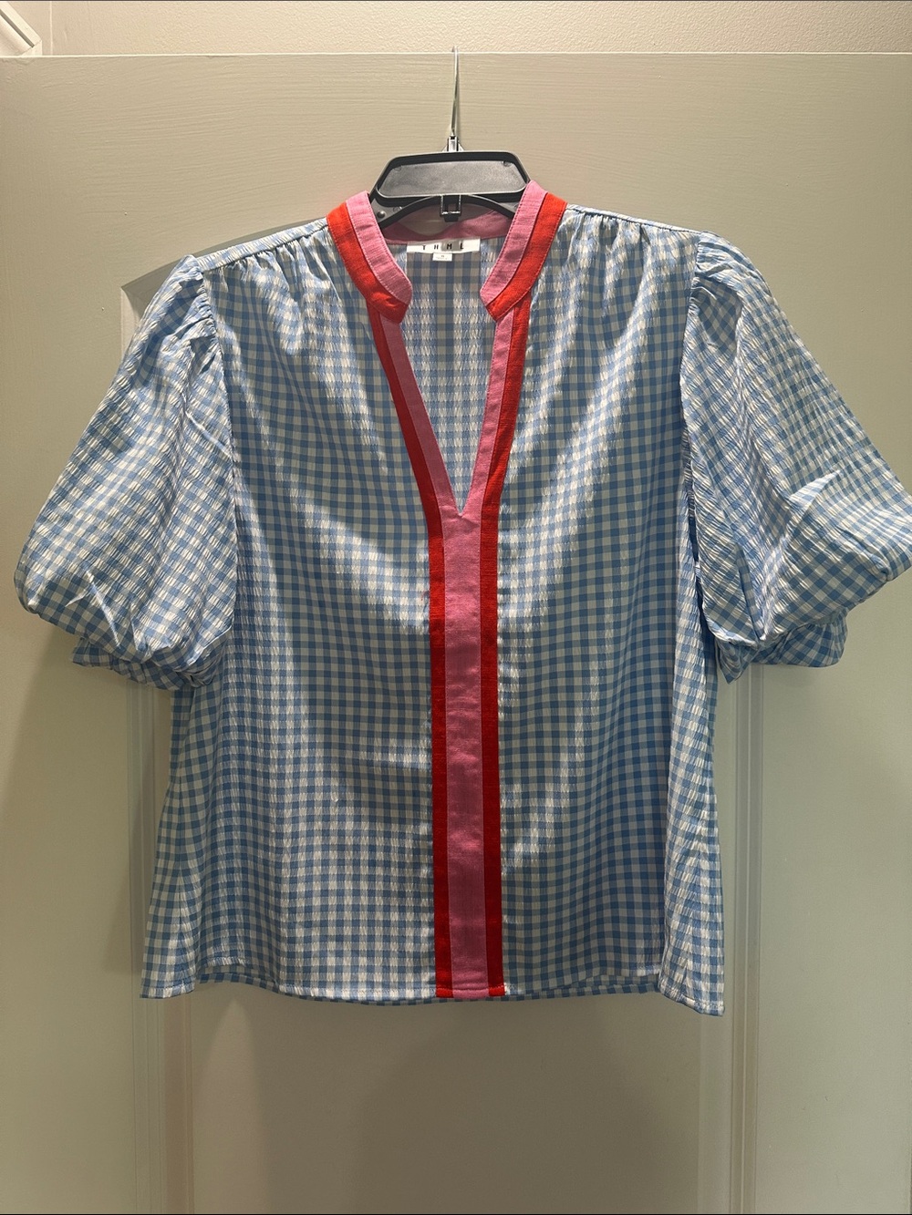 THML Blue Gingham Puff-Sleeve Blouse with Pink & Red Trim
